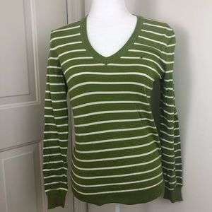New Tommy Hilfiger S/P Green and White Striped V-Neck Sweater